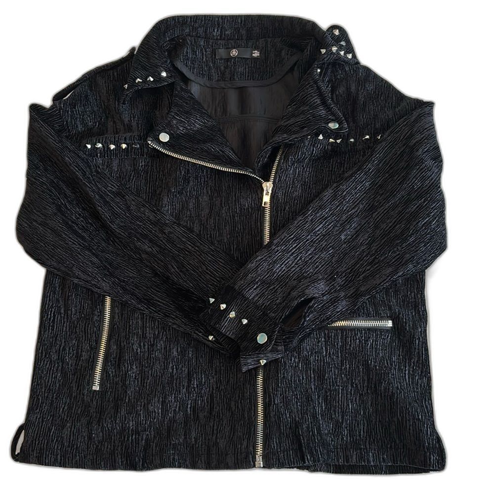 Missguided textured black studded moto biker mid length grunge jacket, size 8